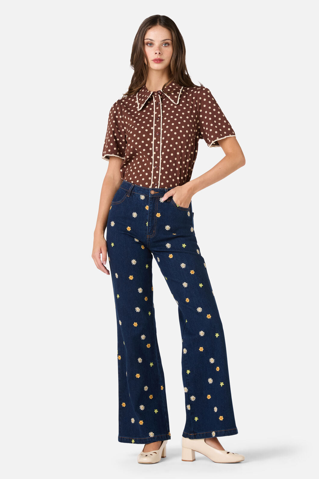 Princess Highway - Ditsy Daisy Retro Blouse - chocolate