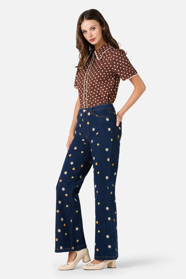 Princess Highway - Ditsy Daisy Retro Blouse - chocolate