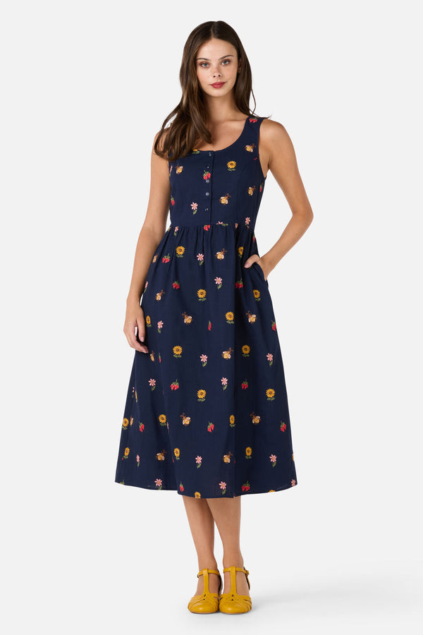 Princess Highway - Honey Embroidered Midi Dress - navy