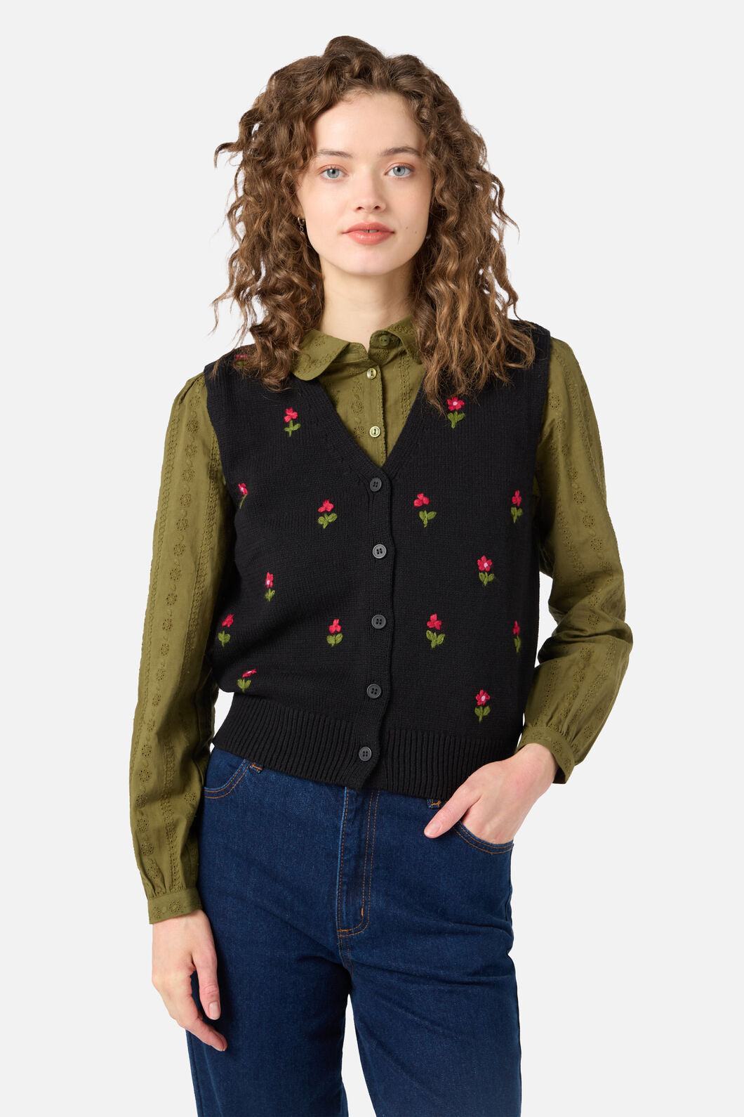 Princess Highway - Ditsy Embroidered Knit Vest - black