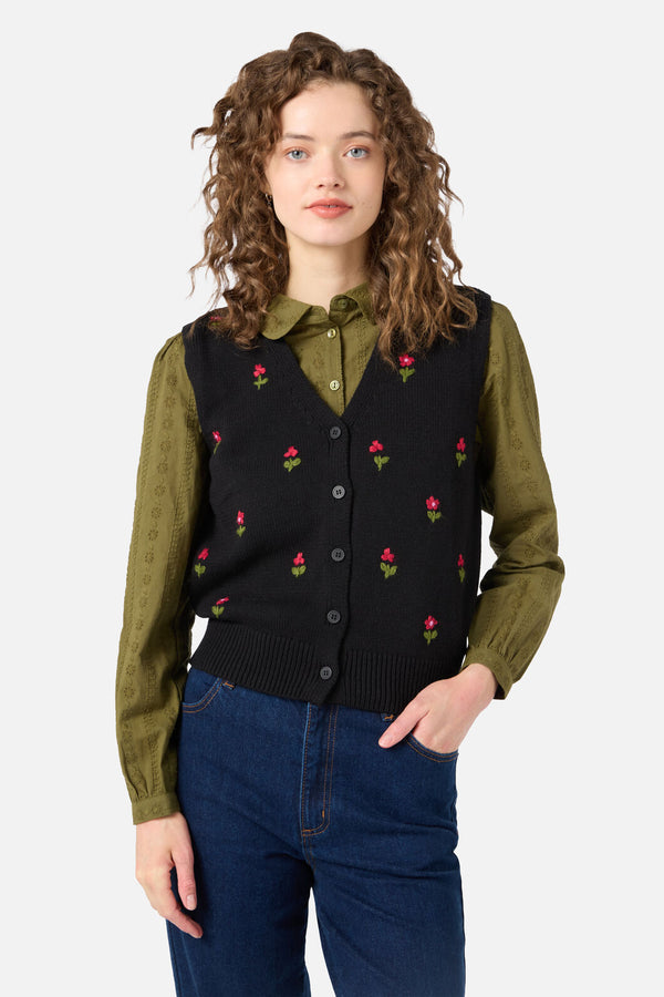 Princess Highway - Ditsy Embroidered Knit Vest - black