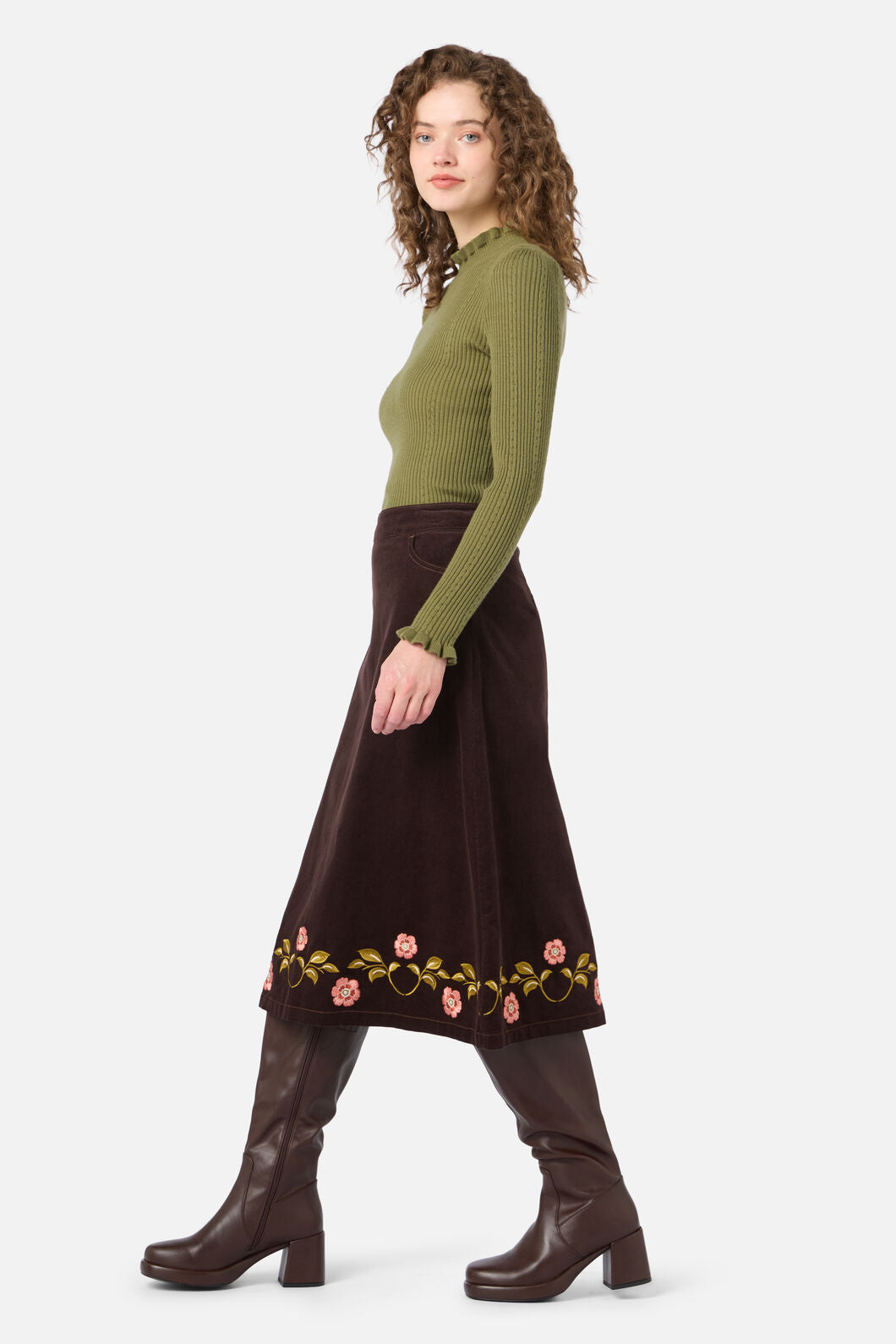 Princess Highway - Della Embroidered Midi Skirt - chocolate