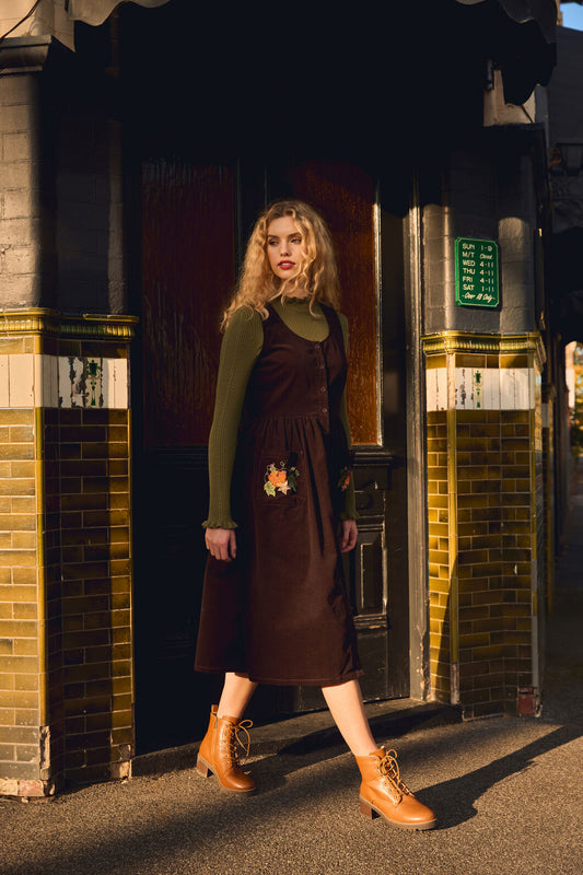 Princess Highway - Pumpkin Embroidered Cord Dress - chocolate