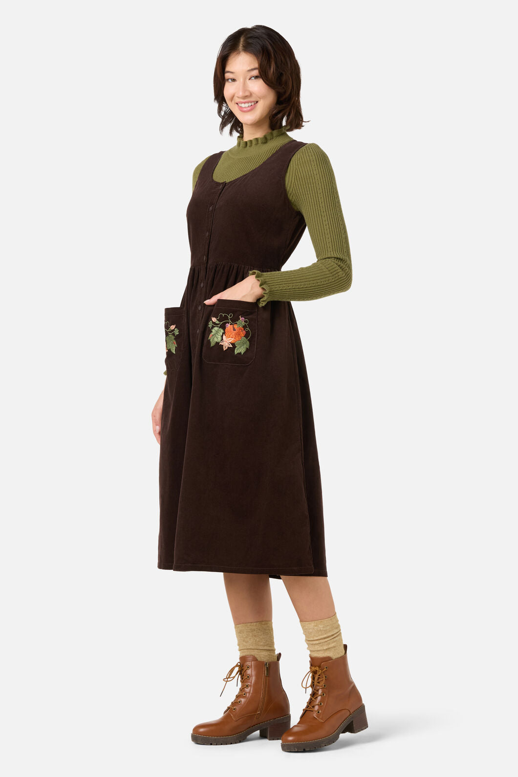 Princess Highway - Pumpkin Embroidered Cord Dress - chocolate
