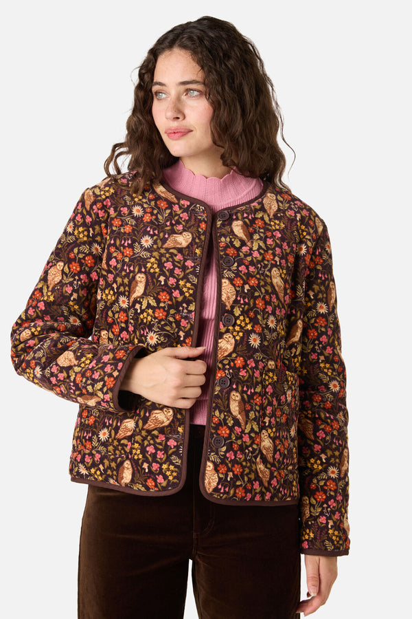 Princess Highway - Forest Owl Quilted Cord Jacket - chocolate