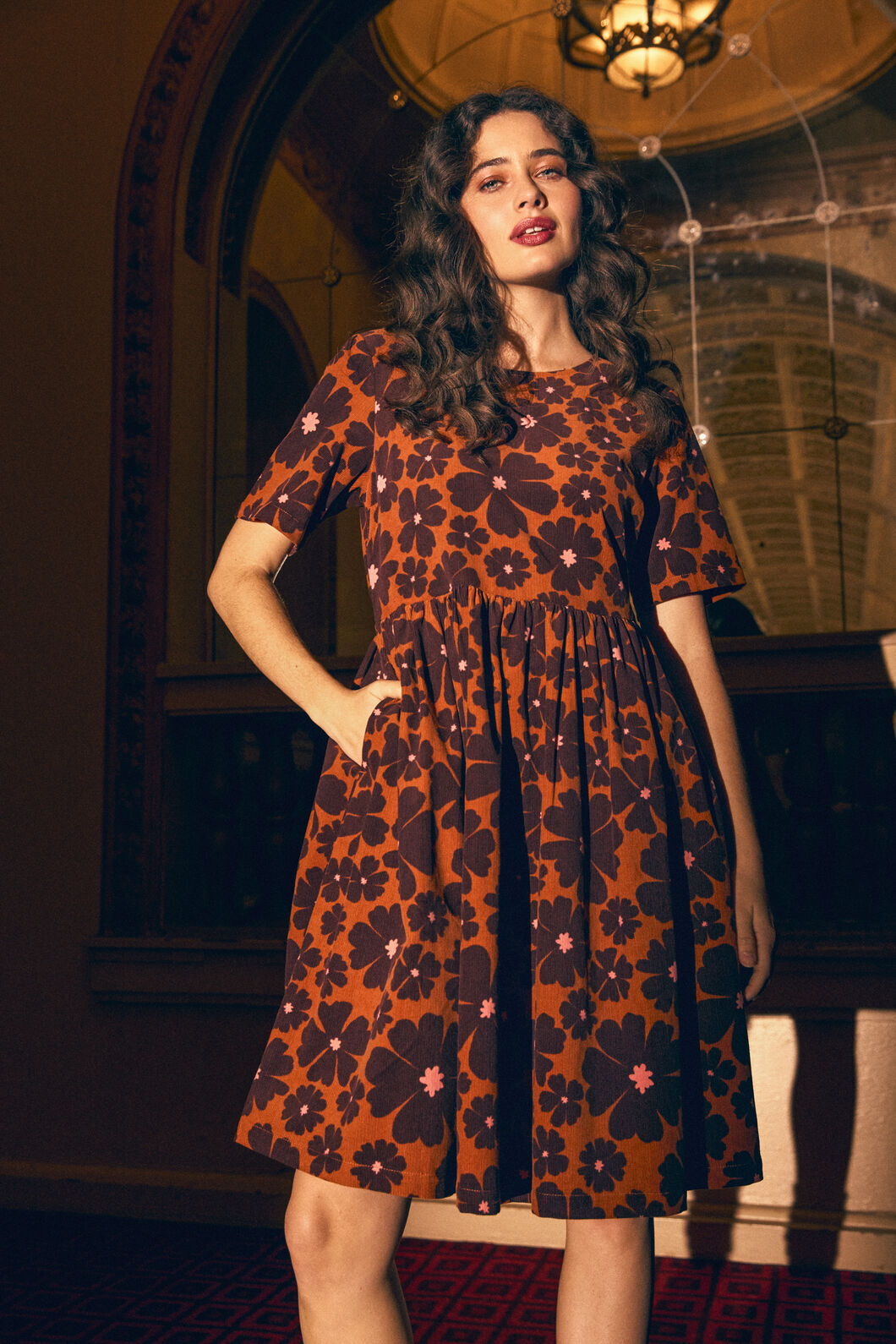 Princess Highway - Donna Flower Cord Smock Dress - rust
