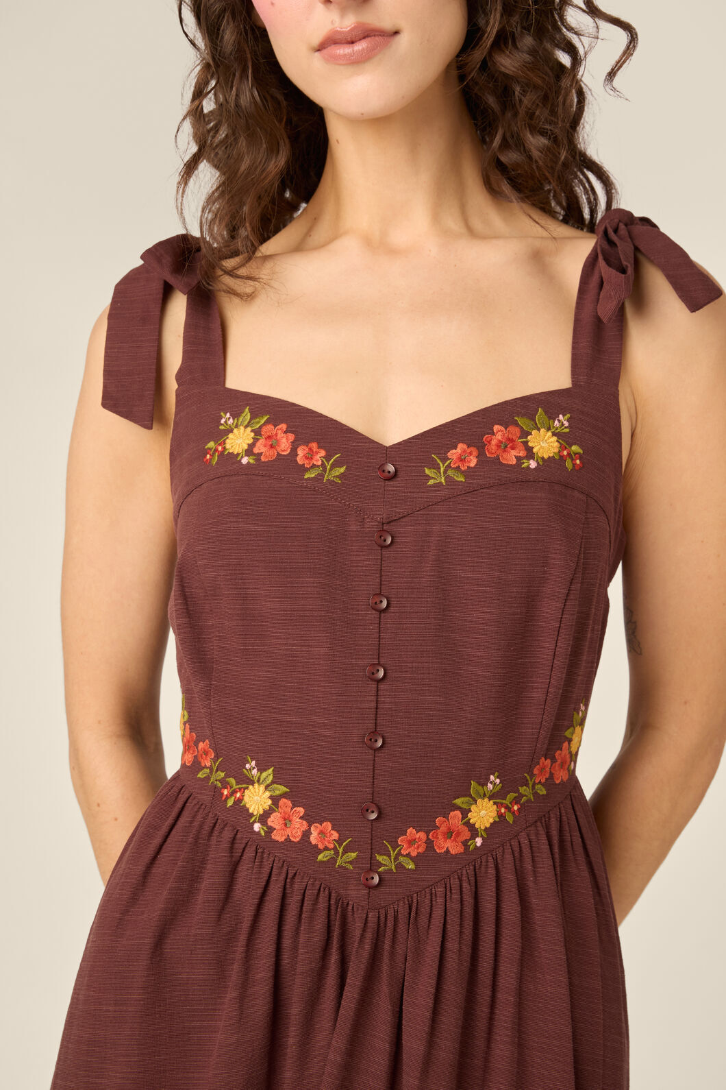 Princess Highway - 90'S Posy Embroidered Dress - chocolate