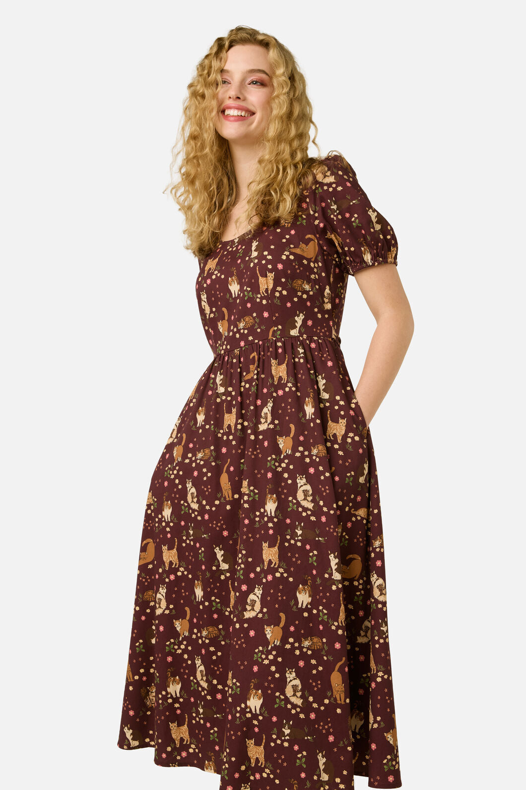 Princess Highway - Cute Cats Midi Dress - plum