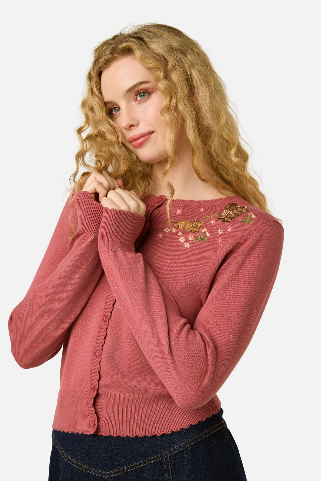 Princess Highway - Cats Embroidered Cardigan - rose