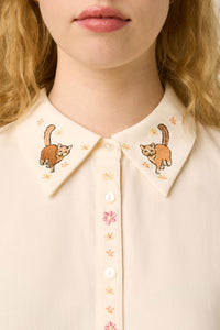 Princess Highway - Cats Embroidered Blouse - cream