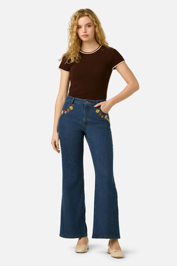 Princess Highway - Twiggy Floral Embroidered Jean - blue-denim