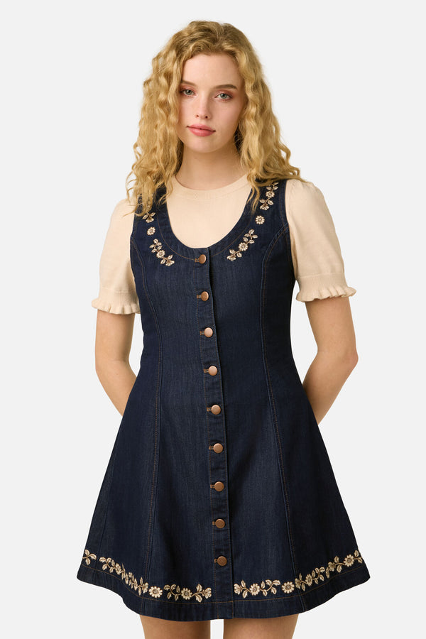 Princess Highway - Luxe Fleur Embroidered Pinny - blue-denim