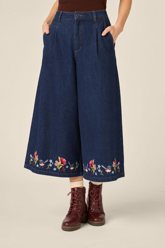 Princess Highway - Wren Embroidered Denim Culotte - dark-denim
