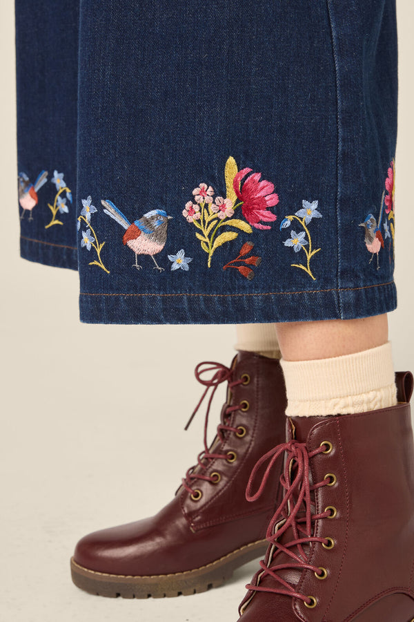 Princess Highway - Wren Embroidered Denim Culotte - dark-denim