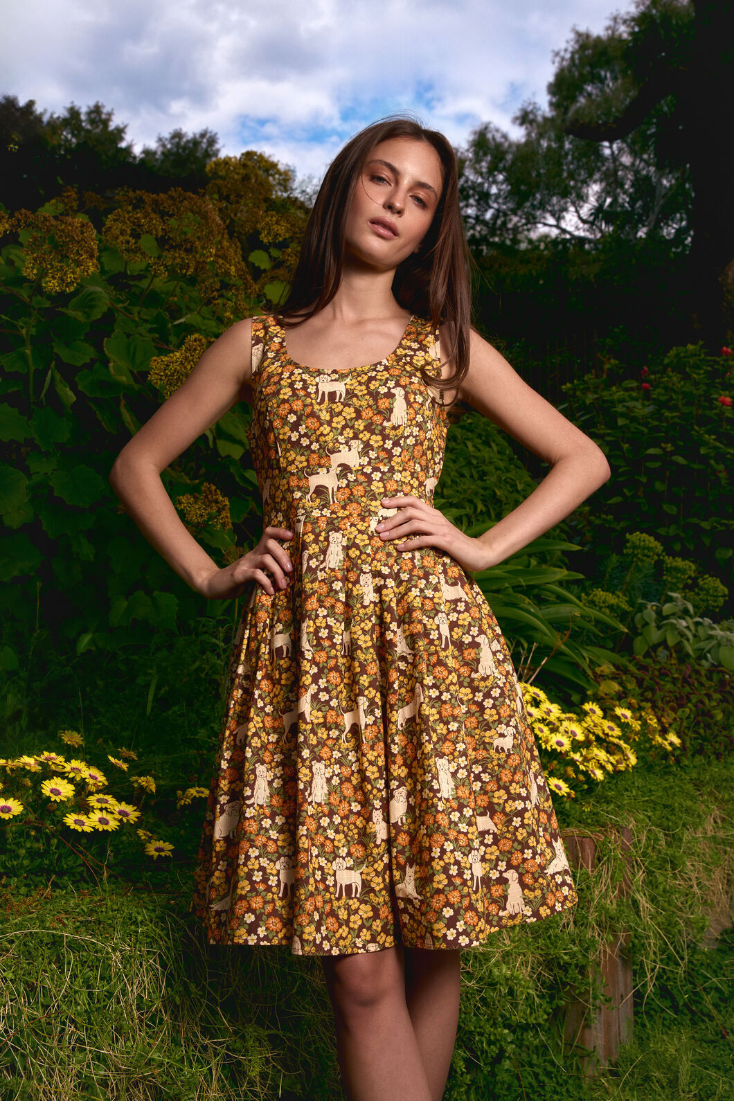 Princess Highway - Dogs & Flowers Sun Dress - chocolate