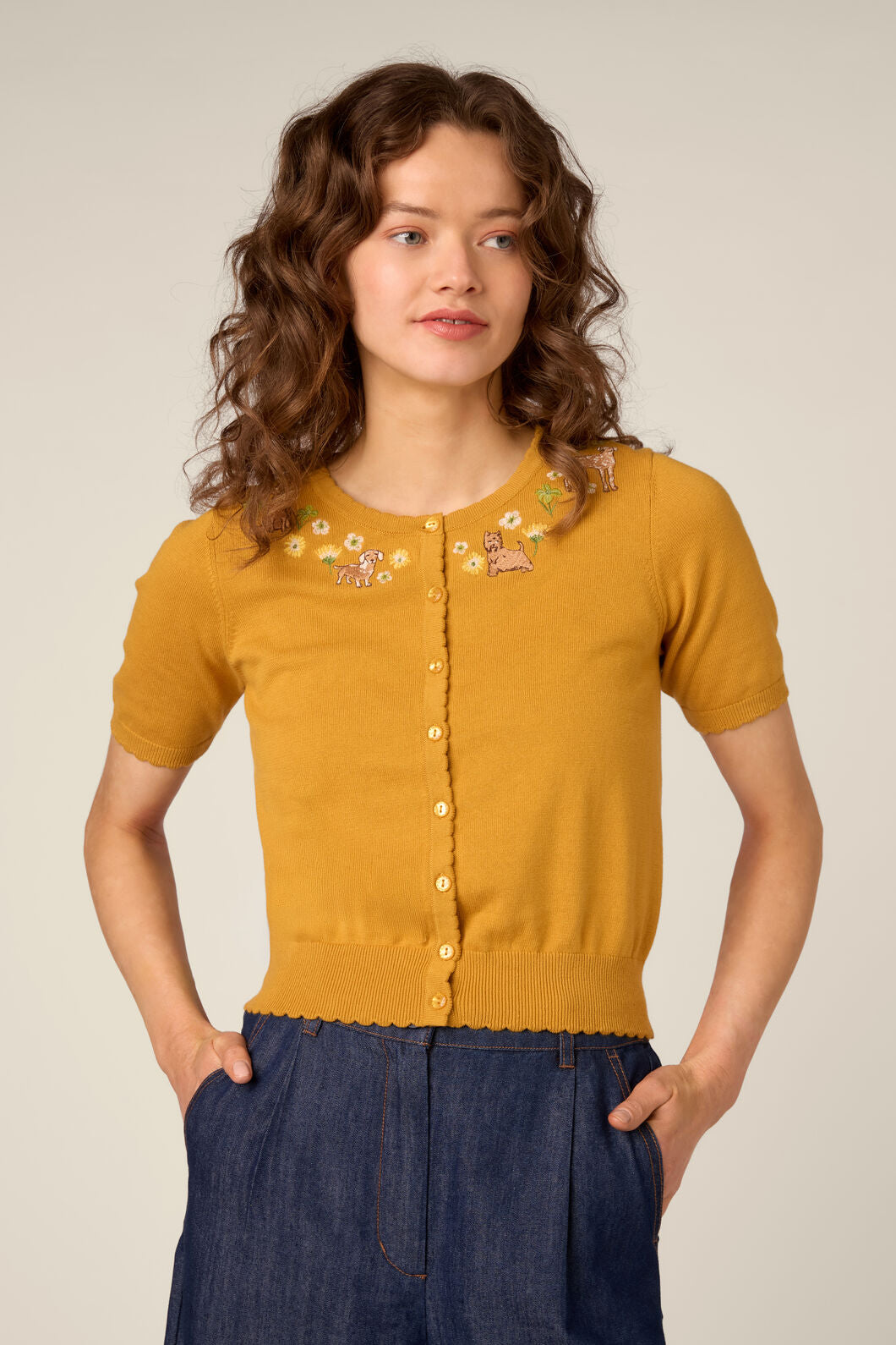 Princess Highway - Cute Dogs Embroidered Cardigan - mustard