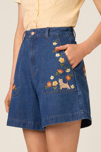 Princess Highway - Sweet Dogs Embroidered Shorts - blue-denim