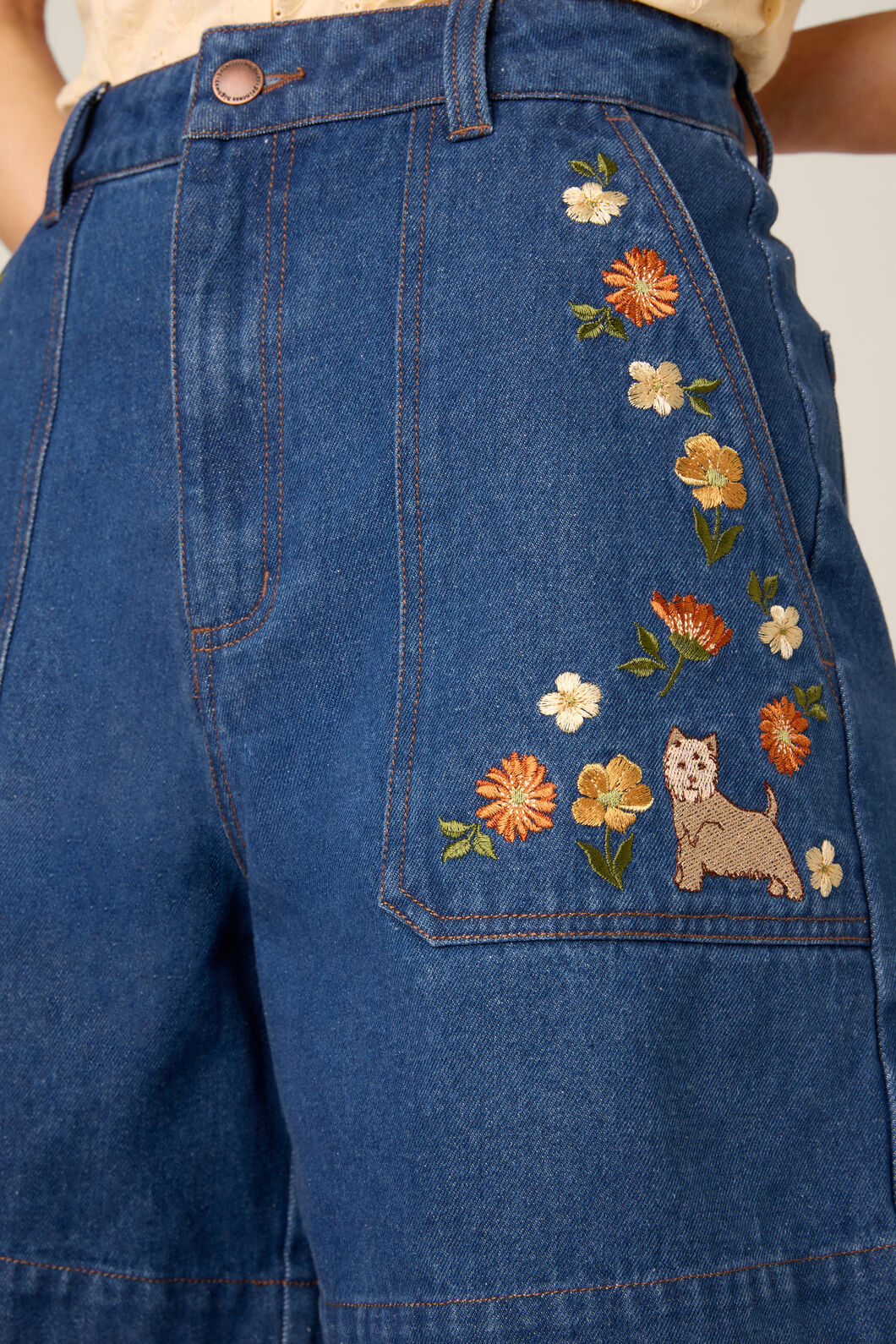 Princess Highway - Sweet Dogs Embroidered Shorts - blue-denim