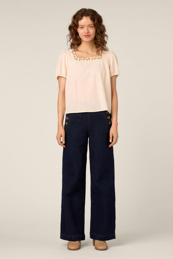 Princess Highway - Flower Chain Embroidered Top - cream