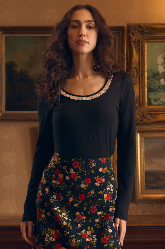 Princess Highway - Ada Long Sleeve Lace Trim Top - black