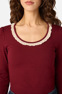 Princess Highway - Ada Long Sleeve Lace Trim Top - red-plum