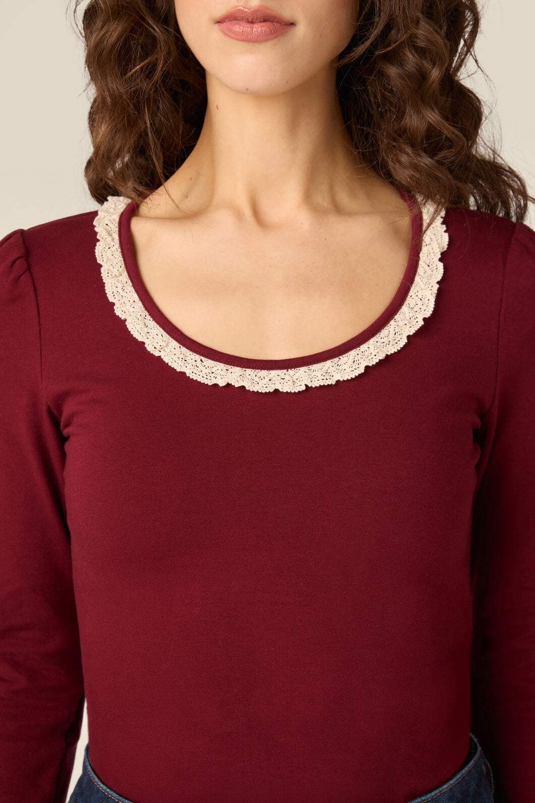 Princess Highway - Ada Long Sleeve Lace Trim Top - red-plum