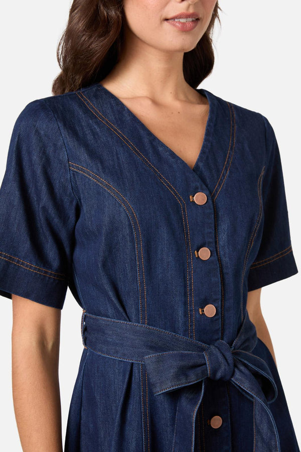 open lace back dress Rautha Denim Mini Dress Mid Wash main image 0