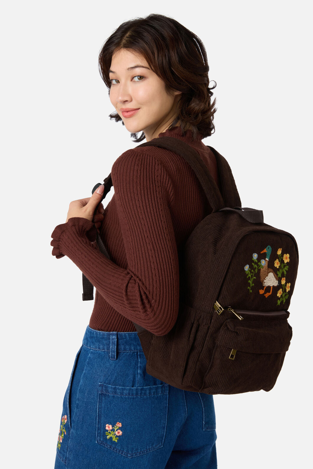 Princess Highway - Duck Embroidered Cord Backpack - chocolate