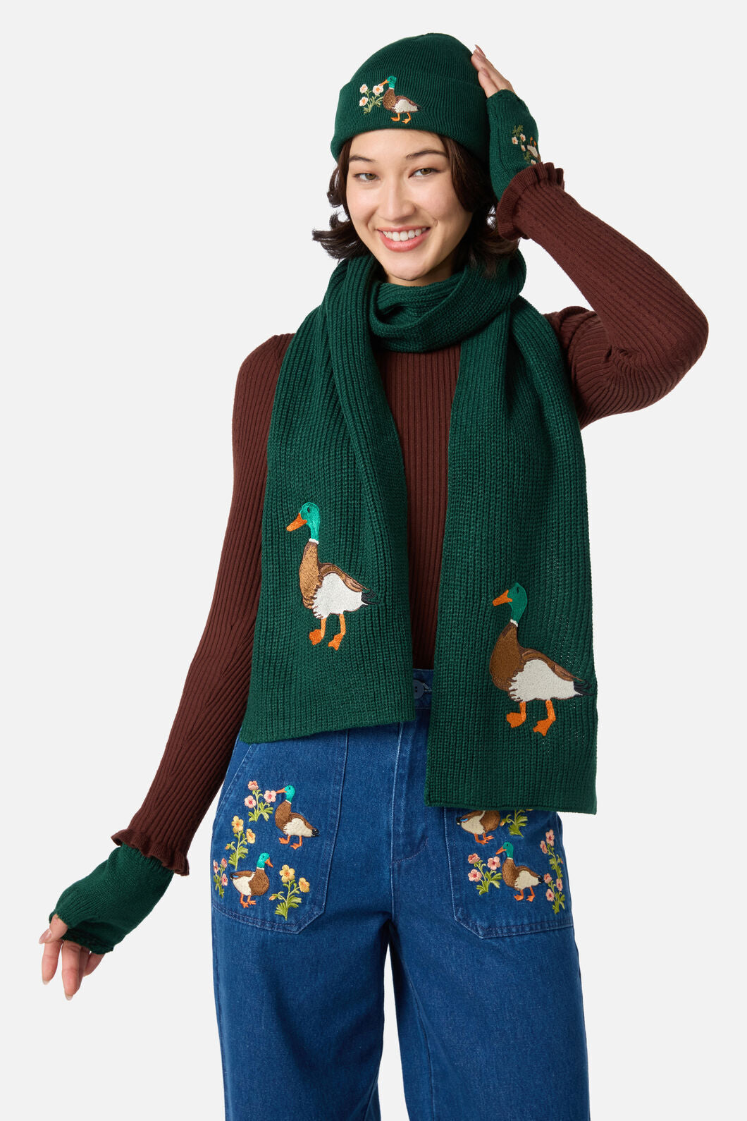 Princess Highway - Duck Embroidered Knit Scarf - green