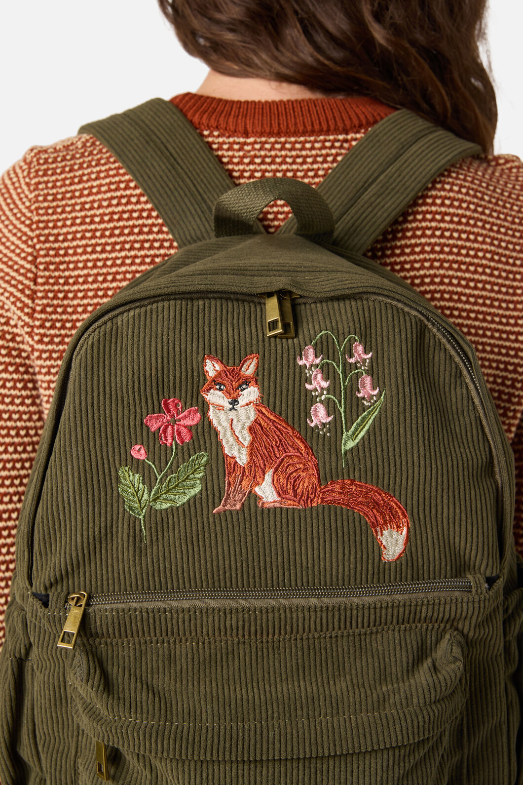 Princess Highway - Fox Embroidered Cord Backpack - green