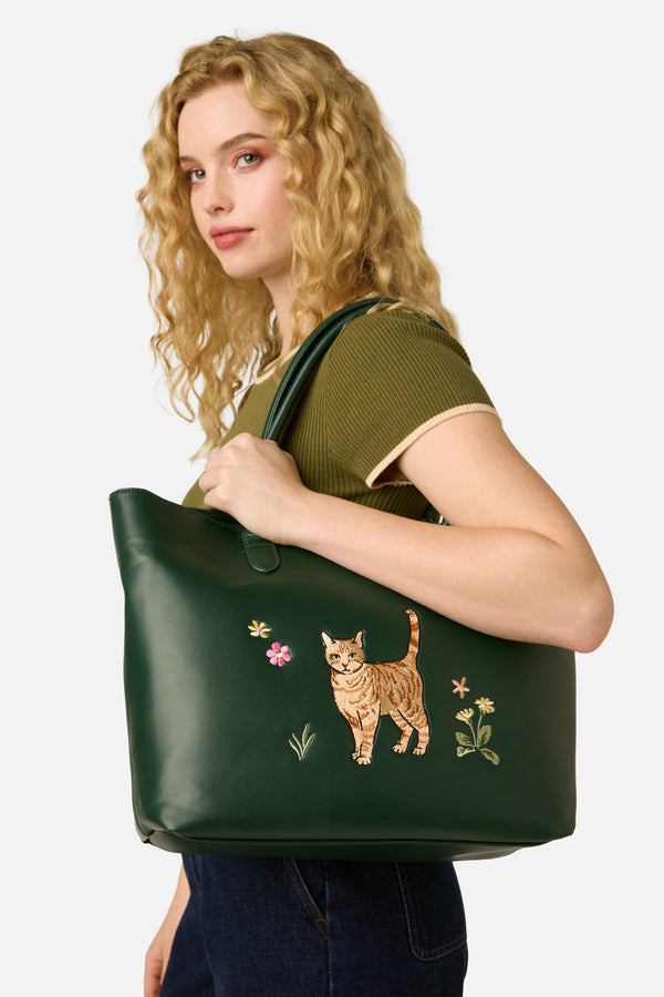 Princess Highway - Cute Cat Embroidered Tote - green