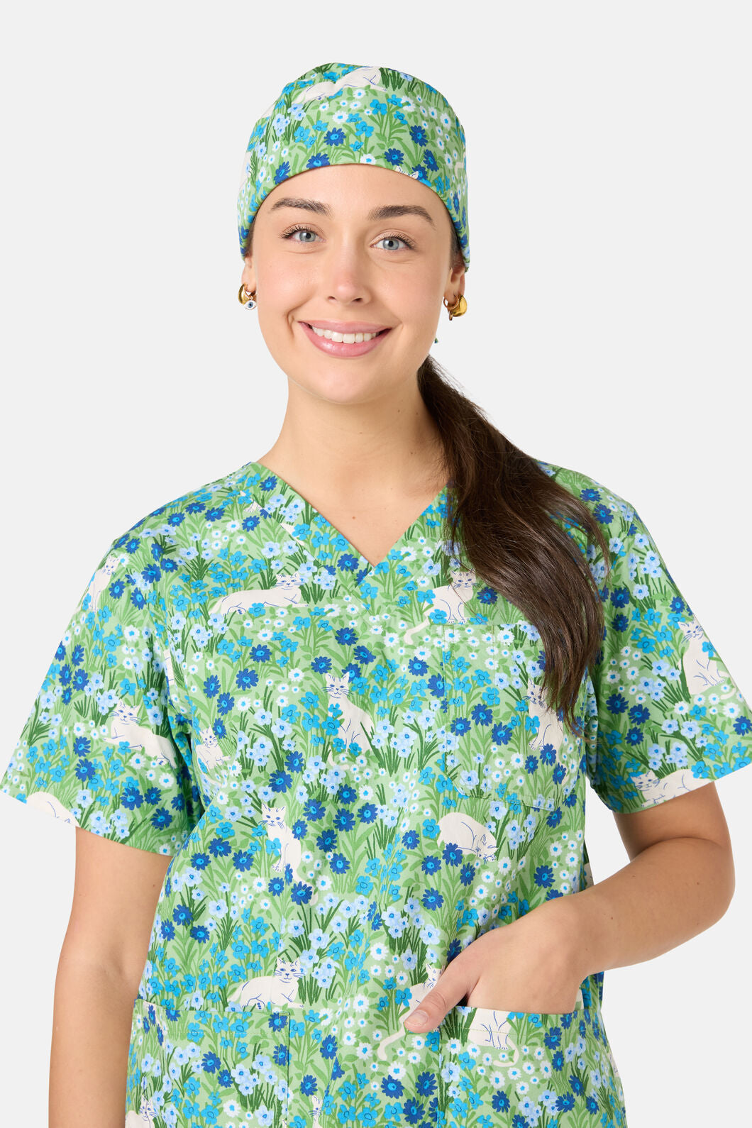 Princess Highway - Flower Cats Scrub Hat - green