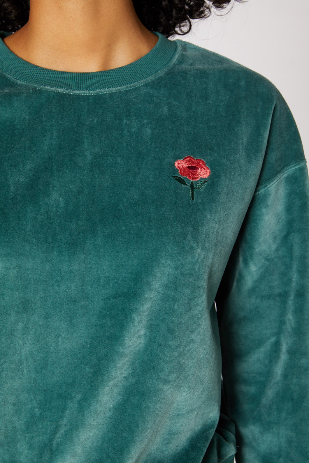 Crew Neck Sweater Green Velvet Sweater Harlow Velour Sweater